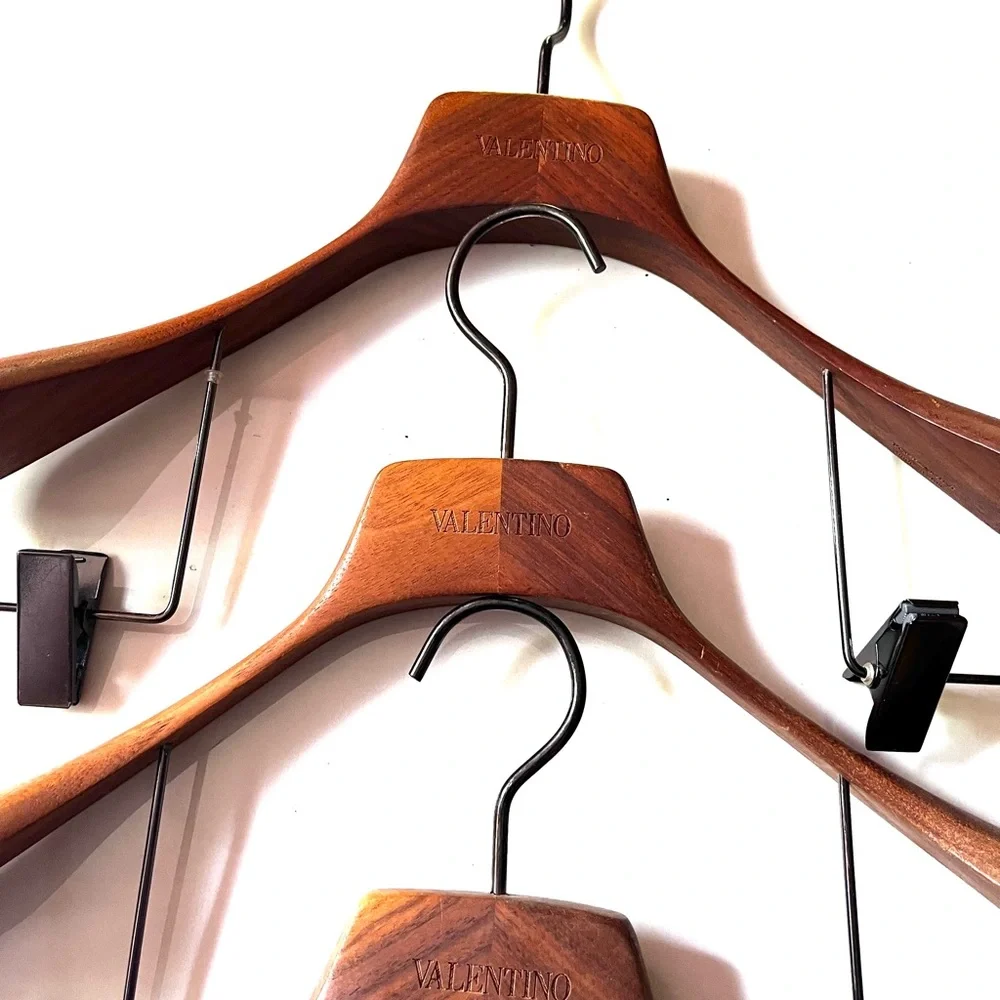Valentino Brown Wooden Hangers with Metal Clips - Set of Three (3)